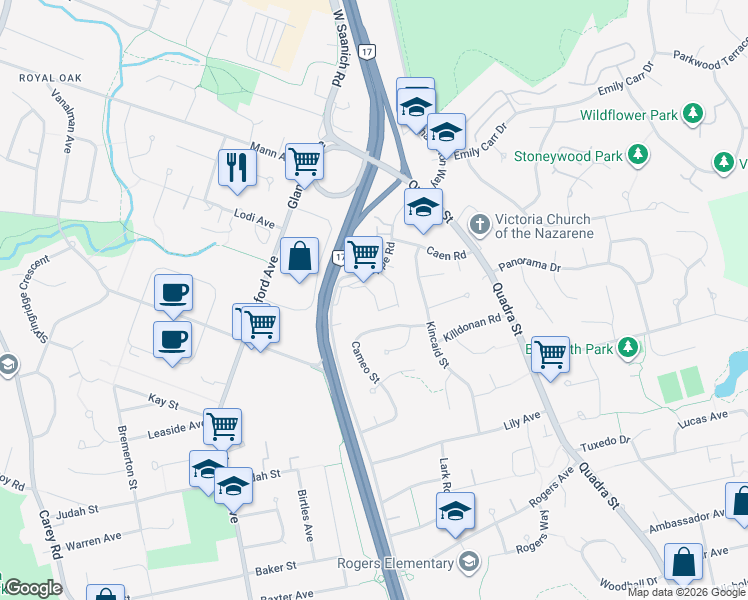 map of restaurants, bars, coffee shops, grocery stores, and more near 4252 Kincaid Street in Victoria