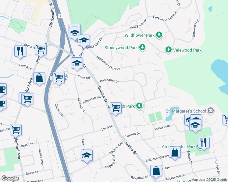 map of restaurants, bars, coffee shops, grocery stores, and more near 4279 Panorama Place in Victoria