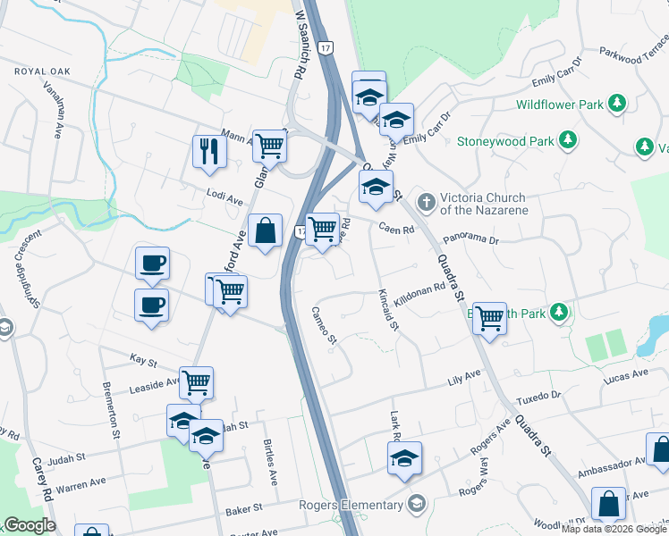map of restaurants, bars, coffee shops, grocery stores, and more near 4252 Kincaid Street in Victoria