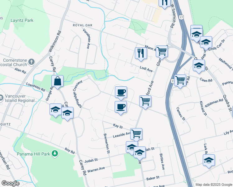 map of restaurants, bars, coffee shops, grocery stores, and more near 724 Vanalman Avenue in Victoria