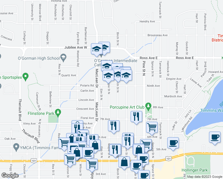map of restaurants, bars, coffee shops, grocery stores, and more near 332 Maple Street North in Timmins