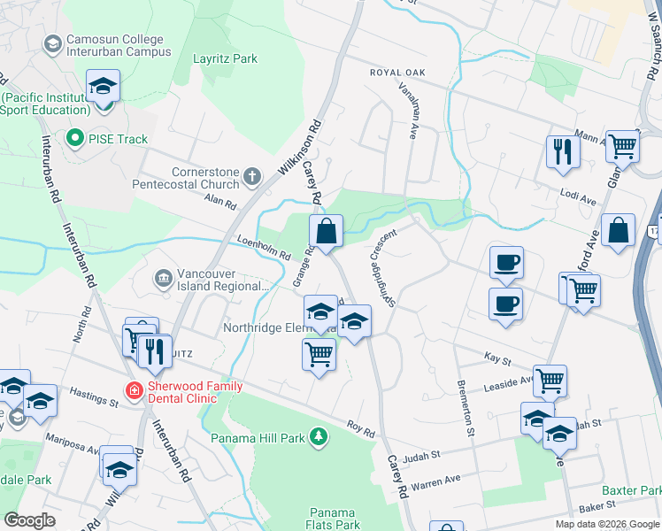 map of restaurants, bars, coffee shops, grocery stores, and more near 4242 Carey Road in Victoria