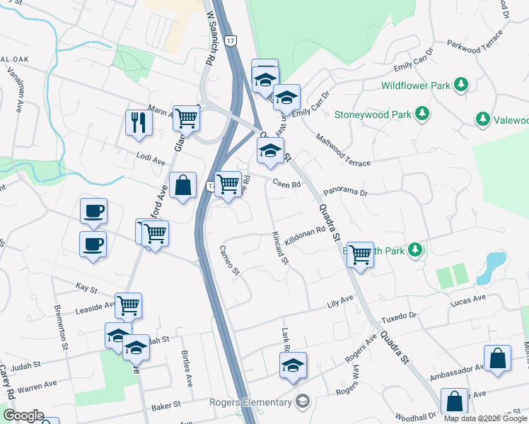 map of restaurants, bars, coffee shops, grocery stores, and more near 4252 Kincaid Street in Victoria