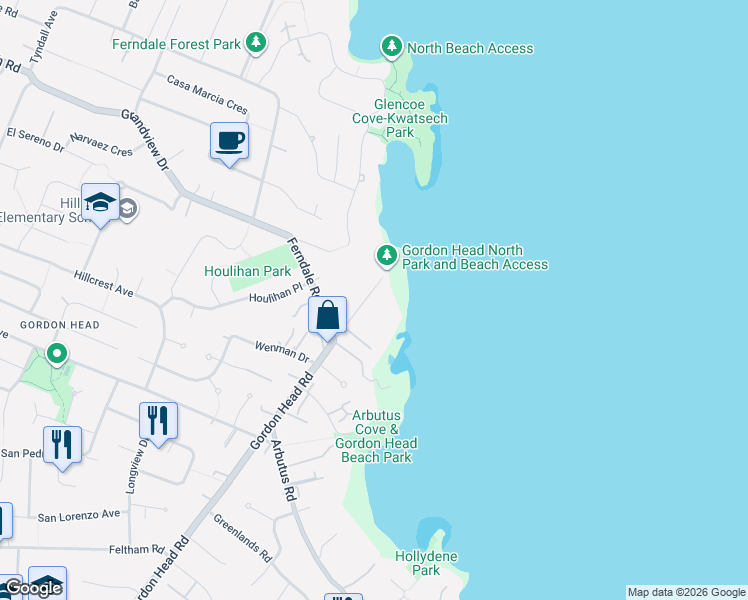 map of restaurants, bars, coffee shops, grocery stores, and more near 4345 Gordon Head Road in Victoria