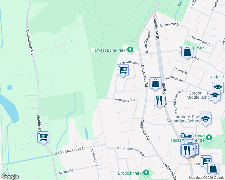 map of restaurants, bars, coffee shops, grocery stores, and more near 4266 Parkside Crescent in Victoria