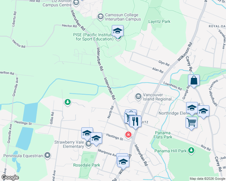 map of restaurants, bars, coffee shops, grocery stores, and more near 4252 Interurban Road in Victoria