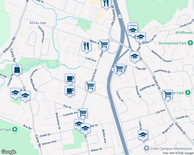 map of restaurants, bars, coffee shops, grocery stores, and more near 4243 Glanford Avenue in Victoria