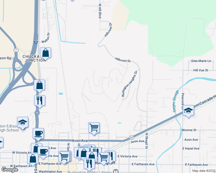 map of restaurants, bars, coffee shops, grocery stores, and more near 829 Bella Vista Lane in Burlington