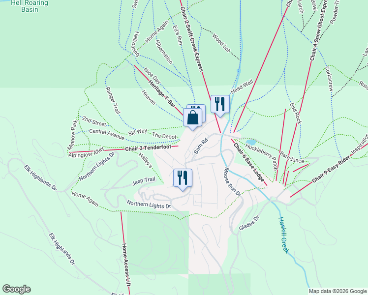 map of restaurants, bars, coffee shops, grocery stores, and more near 3889 Big Mountain Road in Whitefish