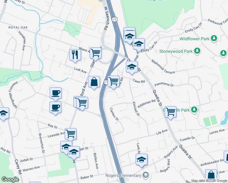map of restaurants, bars, coffee shops, grocery stores, and more near 4247 Dieppe Road in Victoria