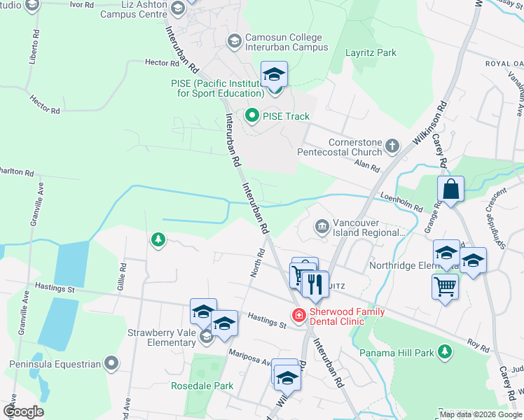 map of restaurants, bars, coffee shops, grocery stores, and more near 4252 Interurban Road in Victoria