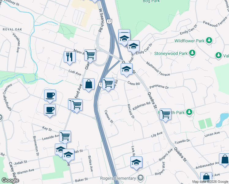 map of restaurants, bars, coffee shops, grocery stores, and more near 4252 Kincaid Street in Victoria