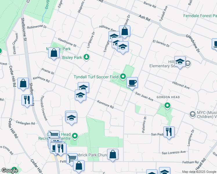 map of restaurants, bars, coffee shops, grocery stores, and more near 1716 Llandaff Place in Victoria