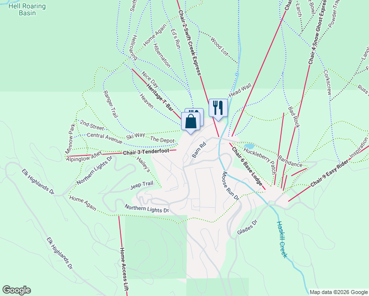 map of restaurants, bars, coffee shops, grocery stores, and more near 3889 Big Mountain Road in Whitefish