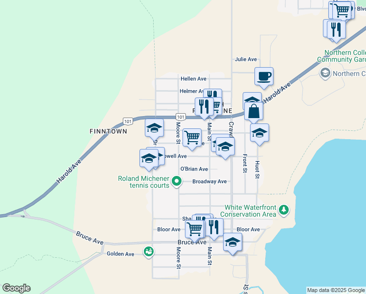 map of restaurants, bars, coffee shops, grocery stores, and more near 165 A Moore Street in Timmins