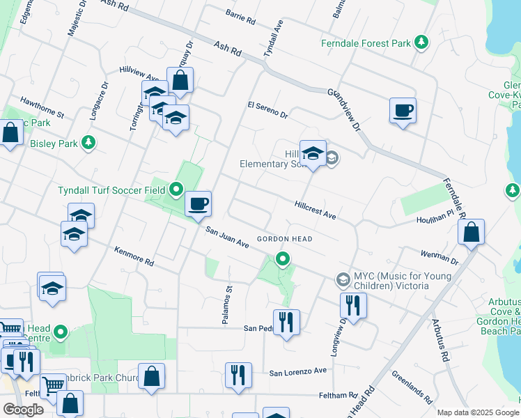 map of restaurants, bars, coffee shops, grocery stores, and more near Dunnett Crescent in Victoria
