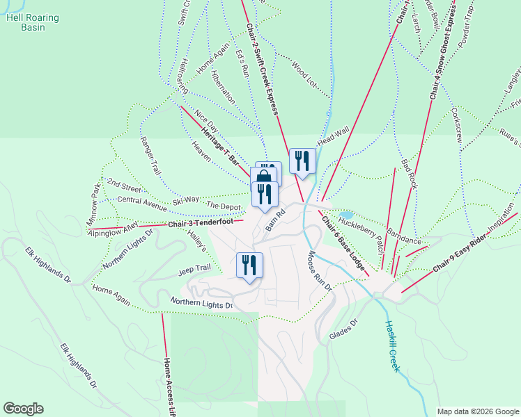 map of restaurants, bars, coffee shops, grocery stores, and more near 3901 Big Mountain Road in Whitefish
