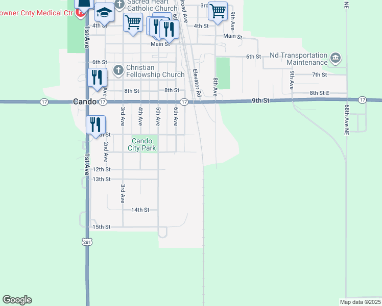 map of restaurants, bars, coffee shops, grocery stores, and more near 643-699 10th Street in Cando