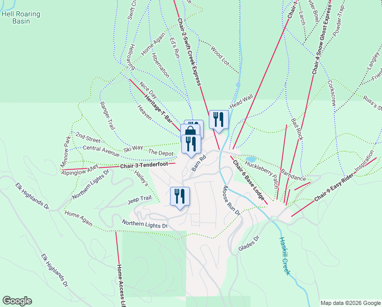 map of restaurants, bars, coffee shops, grocery stores, and more near 3901 Big Mountain Road in Whitefish