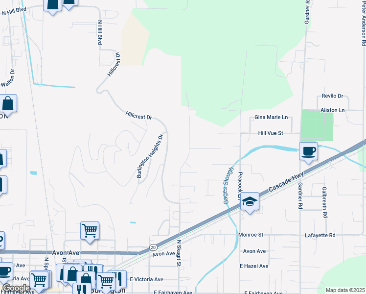 map of restaurants, bars, coffee shops, grocery stores, and more near 11126 North Skagit Street in Burlington