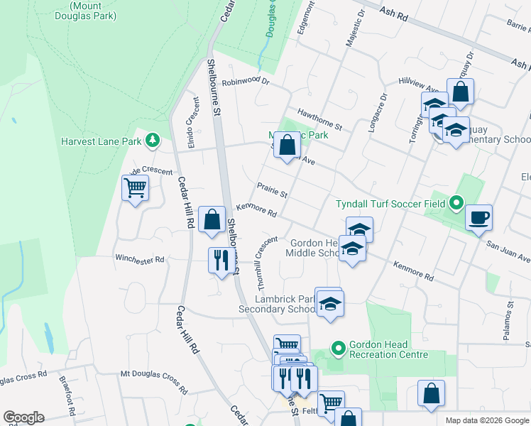map of restaurants, bars, coffee shops, grocery stores, and more near 1576 Kenmore Road in Victoria