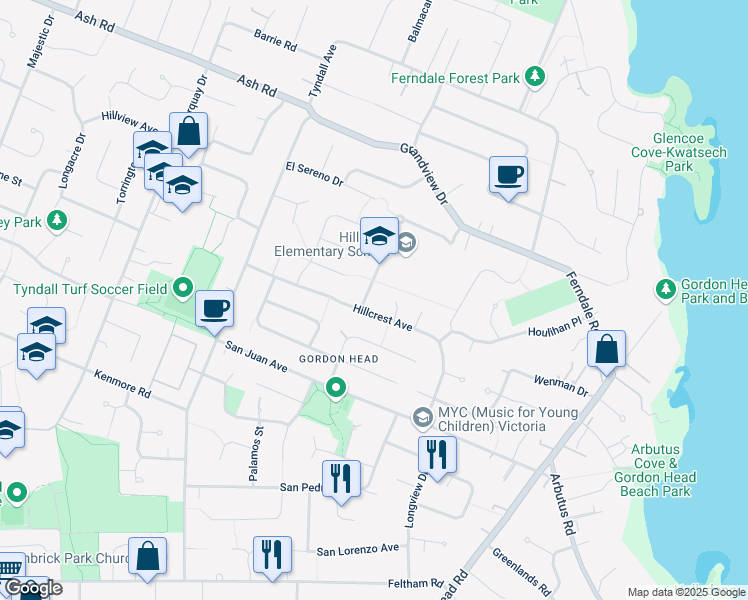 map of restaurants, bars, coffee shops, grocery stores, and more near 4421 Greentree Terrace in Victoria