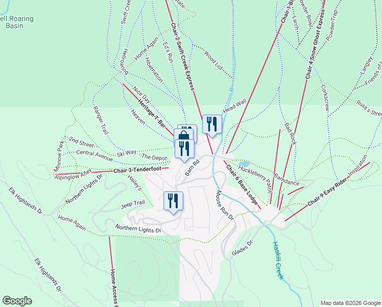 map of restaurants, bars, coffee shops, grocery stores, and more near 3901 Big Mountain Road in Whitefish