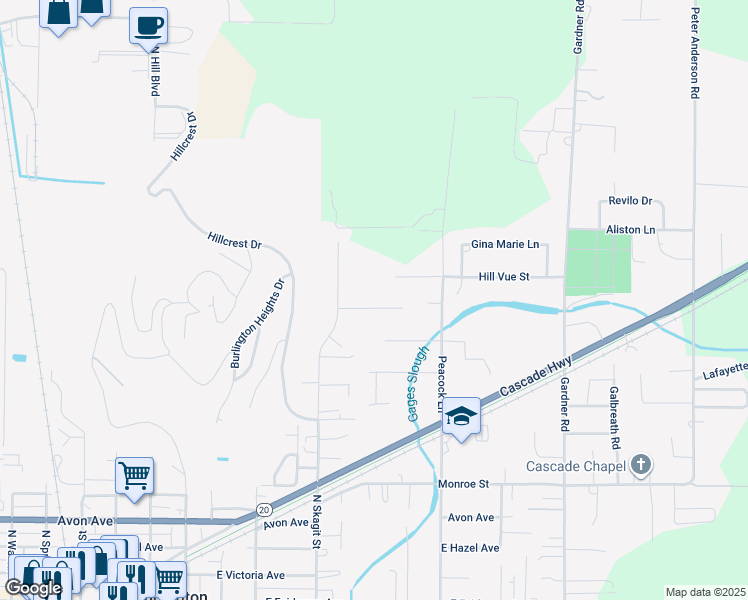 map of restaurants, bars, coffee shops, grocery stores, and more near 19904 Hill Vue Place in Burlington