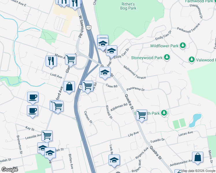 map of restaurants, bars, coffee shops, grocery stores, and more near 4290 Caen Road in Victoria