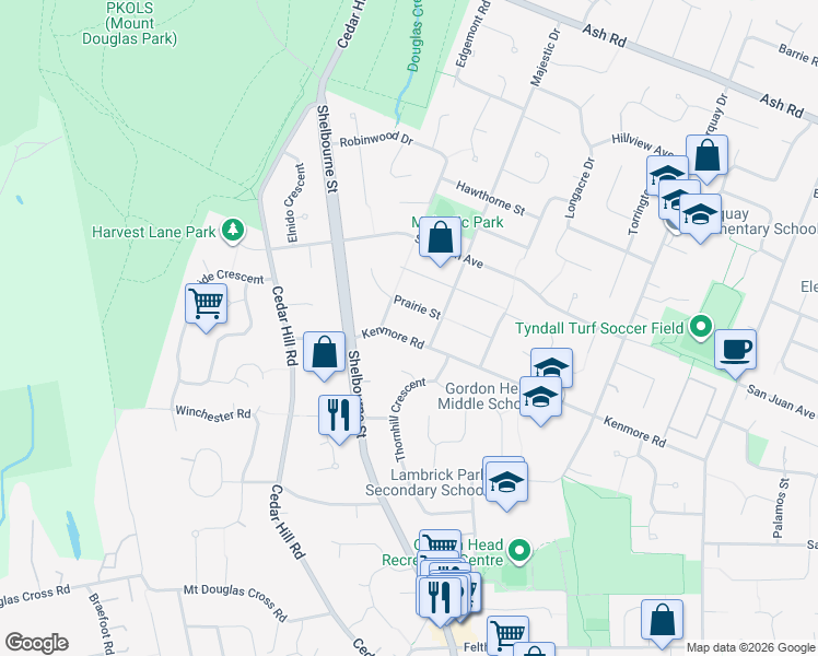 map of restaurants, bars, coffee shops, grocery stores, and more near 1576 Kenmore Road in Victoria