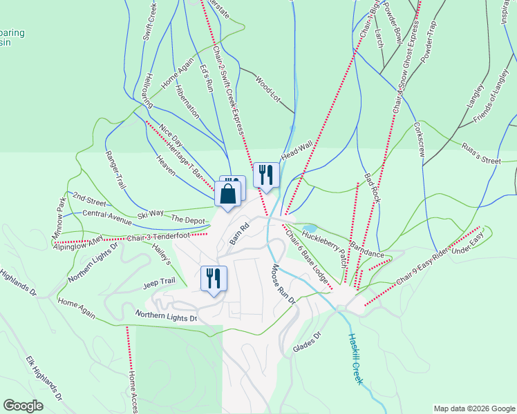map of restaurants, bars, coffee shops, grocery stores, and more near 3900 Big Mountain Rd in Whitefish