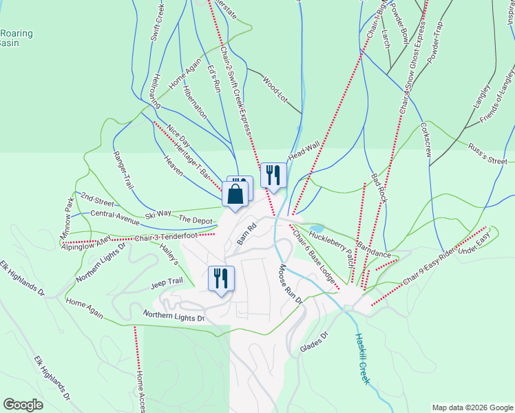 map of restaurants, bars, coffee shops, grocery stores, and more near 3900 Big Mountain Road in Whitefish