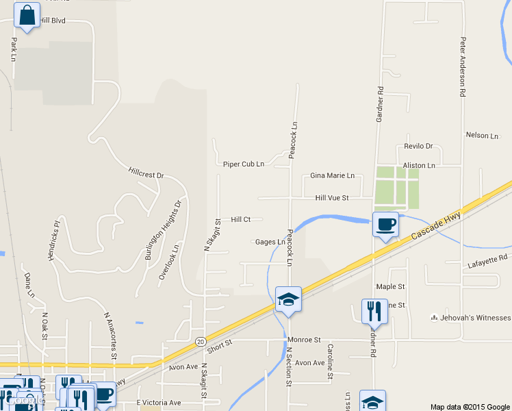 map of restaurants, bars, coffee shops, grocery stores, and more near 19904 Hill Vue Place in Burlington