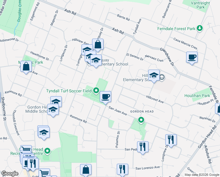 map of restaurants, bars, coffee shops, grocery stores, and more near 4386 Tyndall Avenue in Victoria