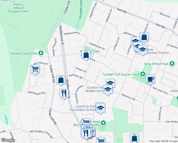 map of restaurants, bars, coffee shops, grocery stores, and more near 4321 Majestic Drive in Victoria