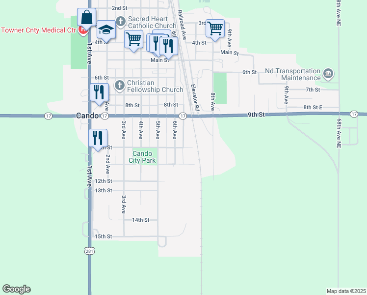 map of restaurants, bars, coffee shops, grocery stores, and more near 643 10th Street in Cando