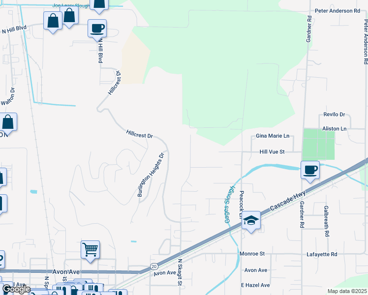 map of restaurants, bars, coffee shops, grocery stores, and more near 11126 North Skagit Street in Burlington