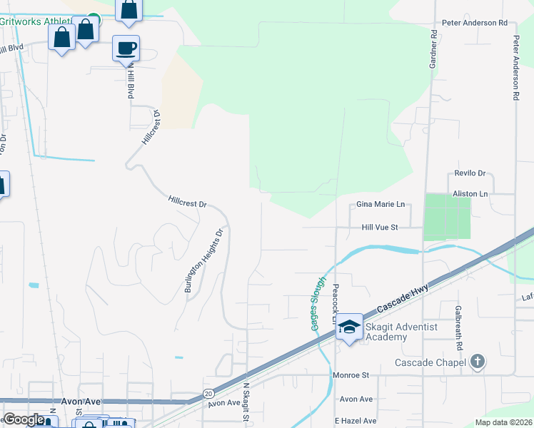 map of restaurants, bars, coffee shops, grocery stores, and more near 11035 North Skagit Street in Burlington