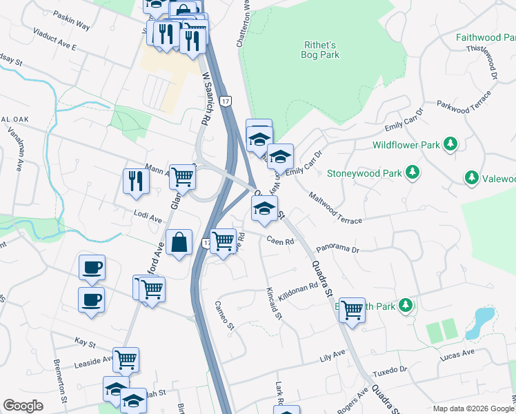 map of restaurants, bars, coffee shops, grocery stores, and more near 105-4400 Chatterton Way in Victoria
