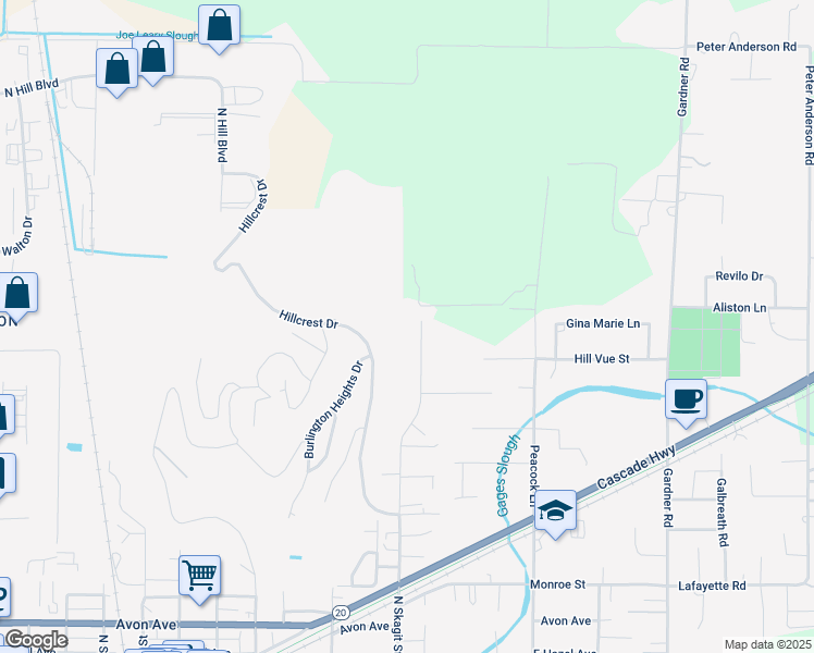 map of restaurants, bars, coffee shops, grocery stores, and more near 11032 North Skagit Street in Burlington