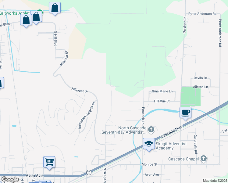 map of restaurants, bars, coffee shops, grocery stores, and more near 11035 North Skagit Street in Burlington