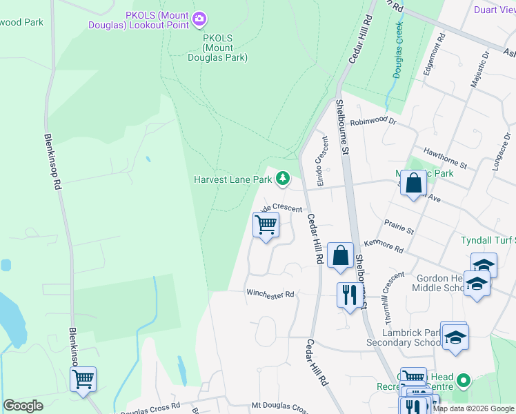 map of restaurants, bars, coffee shops, grocery stores, and more near 4342 Parkside Crescent in Victoria