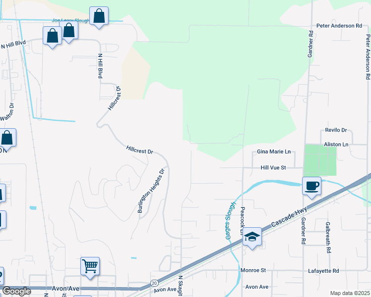 map of restaurants, bars, coffee shops, grocery stores, and more near 11032 North Skagit Street in Burlington