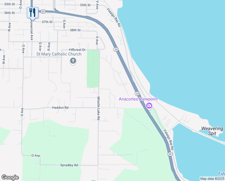 map of restaurants, bars, coffee shops, grocery stores, and more near 4210 Blue Heron Court in Anacortes