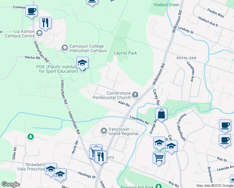 map of restaurants, bars, coffee shops, grocery stores, and more near 1251 Glyn Road in Victoria