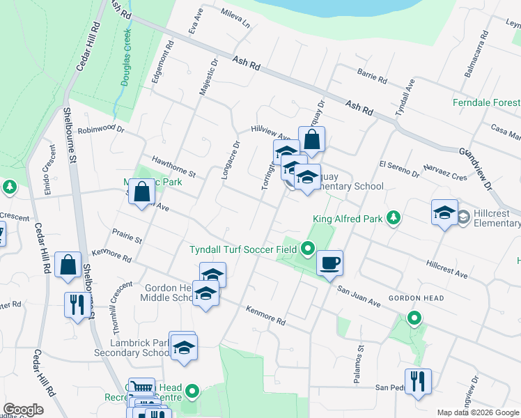 map of restaurants, bars, coffee shops, grocery stores, and more near 4399 Torrington Place in Victoria