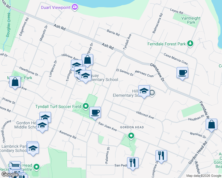 map of restaurants, bars, coffee shops, grocery stores, and more near 4413 Tyndall Avenue in Victoria
