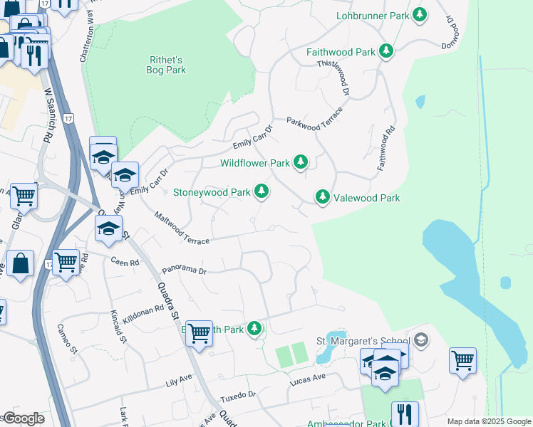 map of restaurants, bars, coffee shops, grocery stores, and more near 4305 Maltwood Lane in Victoria