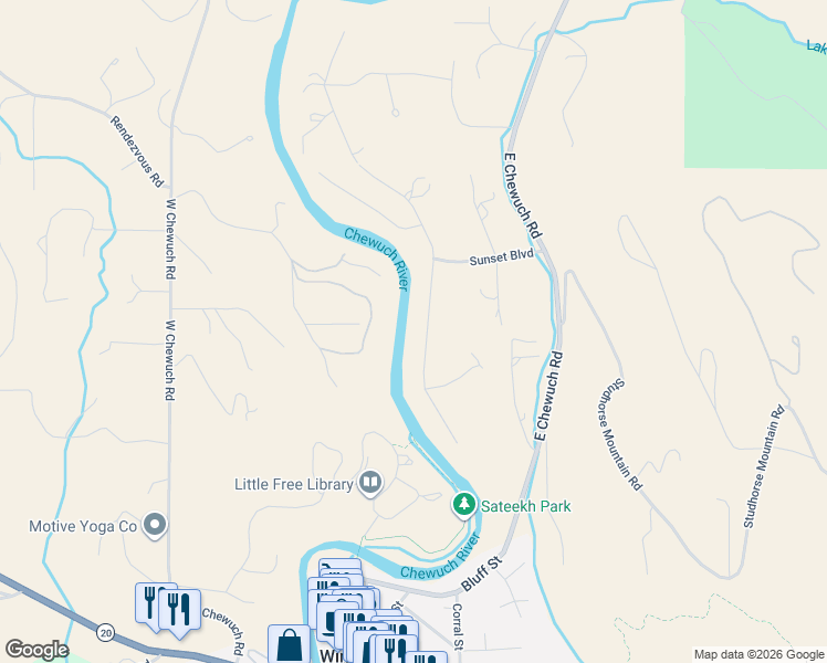 map of restaurants, bars, coffee shops, grocery stores, and more near 16 South Maughn River Road in Winthrop