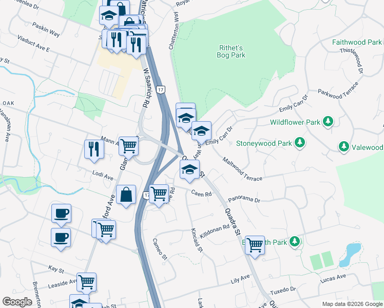 map of restaurants, bars, coffee shops, grocery stores, and more near 4400 Chatterton Way in Victoria